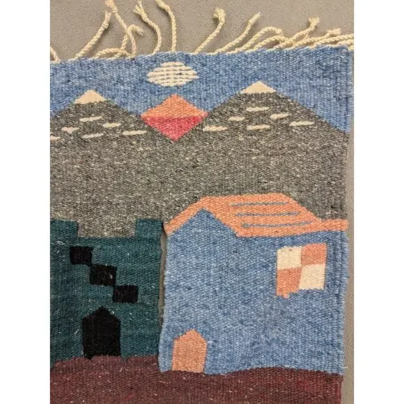 Southwestern Rug Wall Hanging Hand Loomed Woven Landscaping 42x28 Town Scene